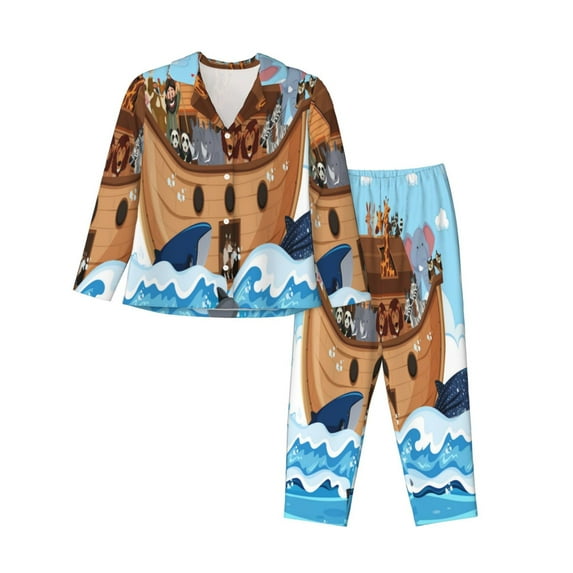 Goofa Animals on Noah's Ark Printed Women’s 2 Piece Pajama Set Super,Pajamas Women's Long Sleeve Sleepwear Soft Button Down Loungewear Pjs Lounge Set Nightwear-Large
