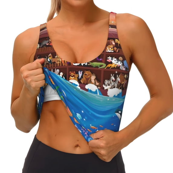 Goofa Animals On Noah's Ark2 Printed Sports Bras for Women, High Impact Running Bra Workout Crop Tank Tops Longline Sports Bra Push up-XX-Large