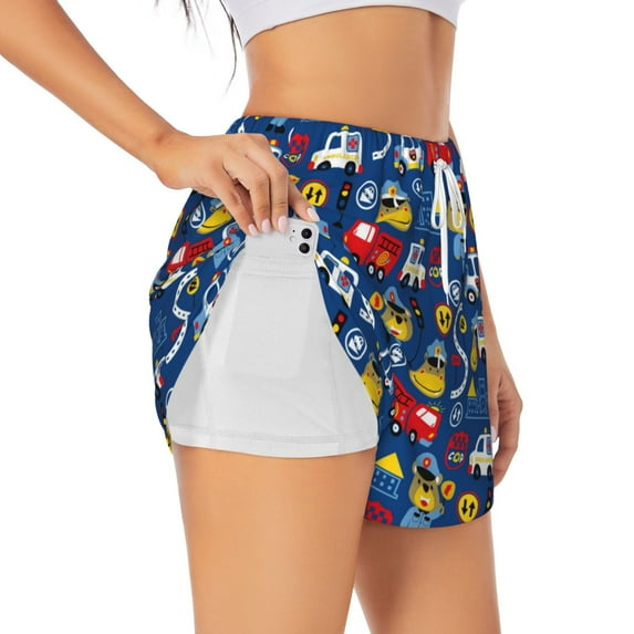 Goofa Animals Rescue Team Printed Women 2 in 1 Running Shorts,Quick Dry Athletic Workout Shorts,High Waisted Athletic Shorts with Liner Pockets-Medium
