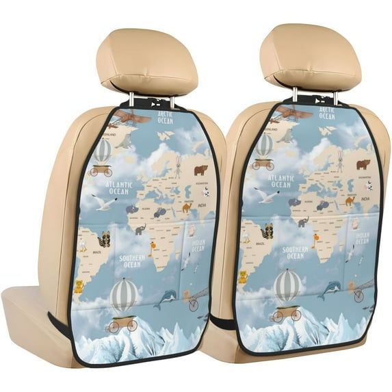 Goofa Animals Travel World Map Pattern Car Back Seat Protector for Kids (2 Pack) ,Anti-kick Storage Mat for Car Seats,Shields from Footprints