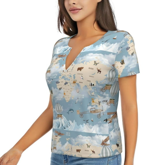 Goofa Animals Travel World Map Pattern Womens Deep V Neck Low Cut Tops Casual Summer Short Sleeve Ribbed Knit T-Shirts-Large