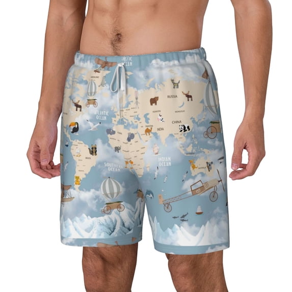 Goofa Animals Travel World Map Printed Men's Swim Trunks Board Shorts Quick Dry Mens Swimming Trunks with Compression Liner,Breathable Fit Hawaii Beach Shorts-Medium