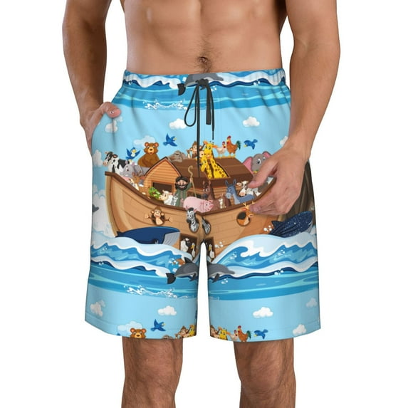 Goofa Animals on Noah's Ark Floating Printed Mens Swim Trunks Summer Quick Dry Short Beach Swimwear Bathing Suits-Small
