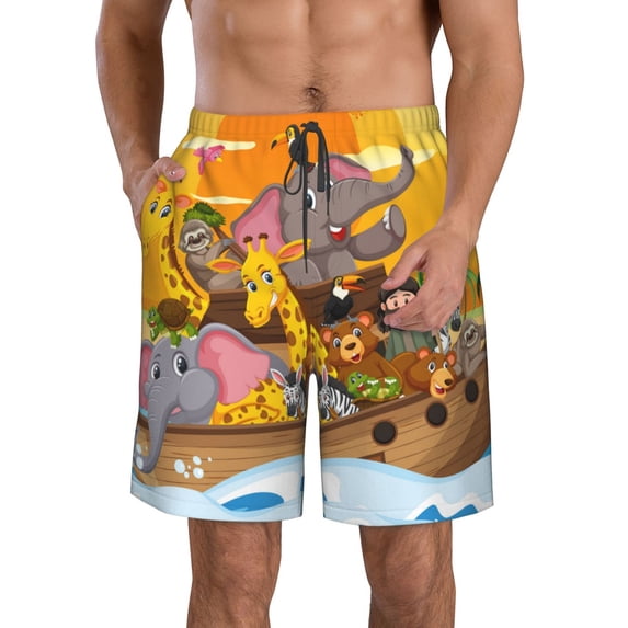 Goofa Animals on Noah's Ark1 Printed Mens Swim Trunks Summer Quick Dry Short Beach Swimwear Bathing Suits-Small