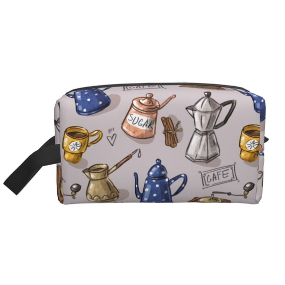 Goofa Antique Vintage Teapot Coffee Grinder Printed Toiletry Bag with Handle,Large Capacity Travel Makeup Cosmetic Bag for Women, Carry on Airport Airline Compliant Bag