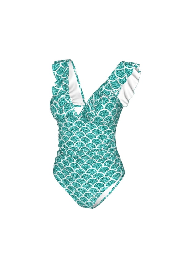 Aquamarine Glitter1 Print Women's Ruffled One Piece Swimsuit V Neck