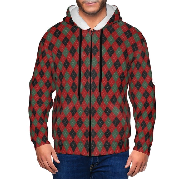 Goofa Argyle Plaid Pattern Mens Full-zip Hoodie, Zip-up Pullover Hooded Sweatshirt, Kangaroo Pocket Hoodie Ideal for Daily Wear, Travel, and Home-Small