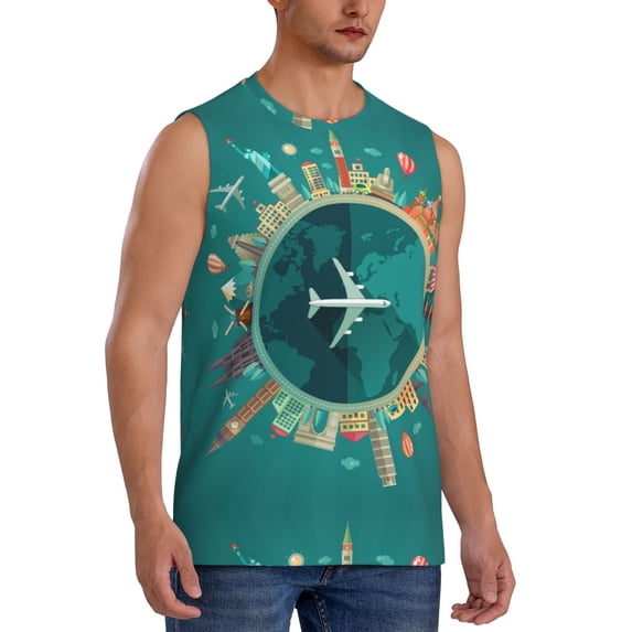 Goofa Around The Planet Printed Men's Sleeveless T-Shirt - Athletic Gym Workout Tank Top for Men - Moisture-Wicking, UPF 30+ Quick-Dry Muscle Tee-Medium
