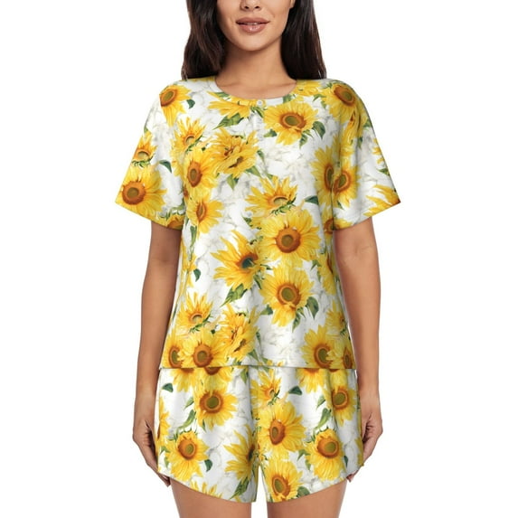Goofa Artistic Marble Pattern Sunflower for Womens Cotton 2 Piece Pajamas Set Classic Short Sleeve Pjs Set Soft Button Down Sleepwear Loungewear-Small