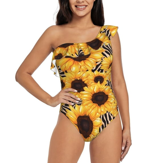 Goofa Artistic Zebra Print Sunflower Pattern Women's One Piece Swimsuits Tummy Control Bathing Suits Asymmetric One Shoulder Swimwear-Medium