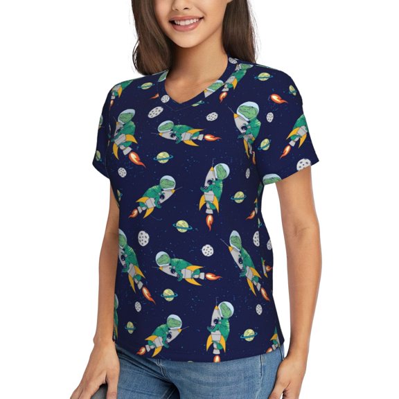 Goofa Astronaut Dinosaur Pattern Women's Slim-Fit Short-Sleeve V-Neck T-Shirt,Classic-Fit Short-Sleeve V-Neck T-Shirt-Large