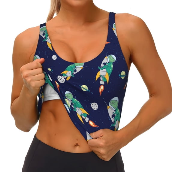 Goofa Astronaut Dinosaur Printed Sports Bras for Women, High Impact Running Bra Workout Crop Tank Tops Longline Sports Bra Push up-Large
