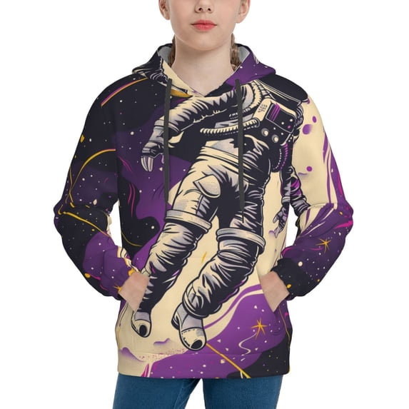 Goofa Astronaut Floating purple Space Pattern Hooded Sweatshirt for Youth Trendy youth sweatshirt Casual Hoodie for Boys and Girls-Medium