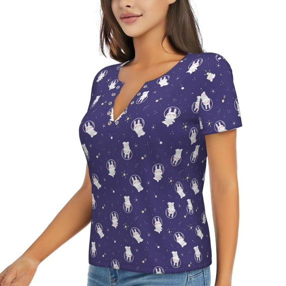 Goofa Astronaut Rabbit Pattern Womens Deep V Neck Low Cut Tops Casual Summer Short Sleeve Ribbed Knit T-Shirts-Medium