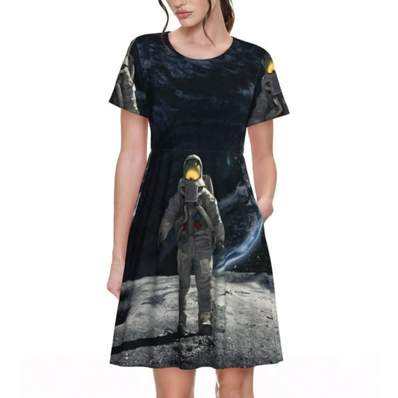 Goofa Astronaut Standing In The Moon Pattern Women Summer Short Sleeve Midi Dress with Pockets Casual Aline Flowy Tshirt Dress Vocation Beach Sundress