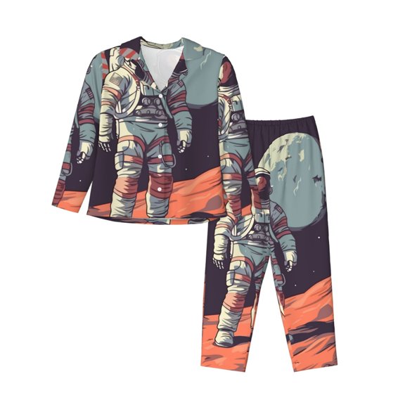 Goofa Astronaut With American Flag Printed Women’s 2 Piece Pajama Set Super,Pajamas Women's Long Sleeve Sleepwear Soft Button Down Loungewear Pjs Lounge Set Nightwear-Small