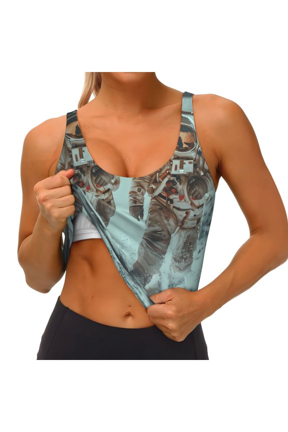 Astronauts On Lunar Mission Printed Sports Bras for Women, High Impact Running Bra Workout Crop Tank Tops Longline Sports Bra Push up-Small