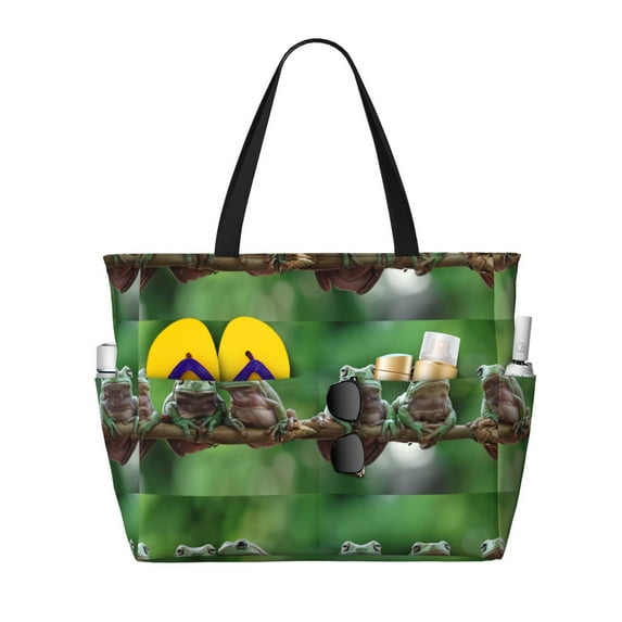 Goofa Australian White Tree Frog Sitting on Branch Print Beach Bags Waterproof Beach Tote Bag Zipper Sandproof Swim Pool Bag Large Tote Beach Vacation Travel