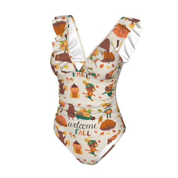 Goofa Autumn In The Forest Print Women's Ruffled One Piece Swimsuit V Neck