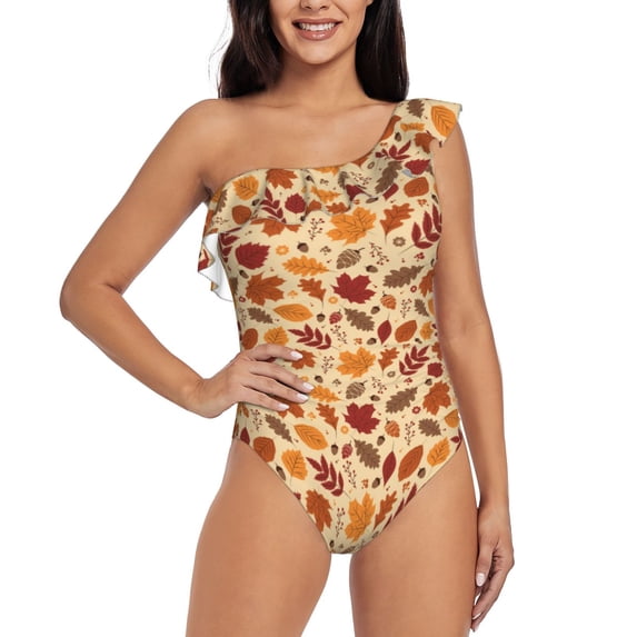 Goofa Autumn Leaves 2 Pattern Women's One Piece Swimsuits Tummy Control Bathing Suits Asymmetric One Shoulder Swimwear-XX-Large