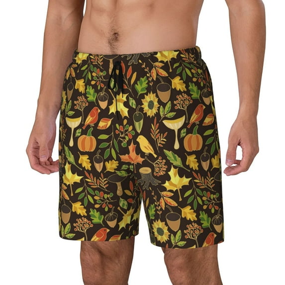 Goofa Autumn Plants Maple Tree Vintage Printed Men's Swim Trunks Board Shorts Quick Dry Mens Swimming Trunks with Compression Liner,Breathable Fit Hawaii Beach Shorts-3X-Large