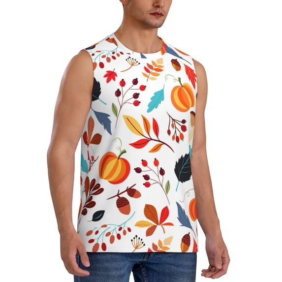 Goofa Autumn Pumpkins Fall Leaves Printed Men's Sleeveless T-Shirt - Athletic Gym Workout Tank Top for Men - Moisture-Wicking, UPF 30+ Quick-Dry Muscle Tee-Small