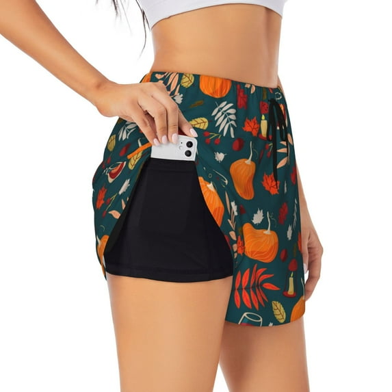 Goofa Autumn with Pumpkins Printed Women 2 in 1 Running Shorts,Quick Dry Athletic Workout Shorts,High Waisted Athletic Shorts with Liner Pockets-XX-Large
