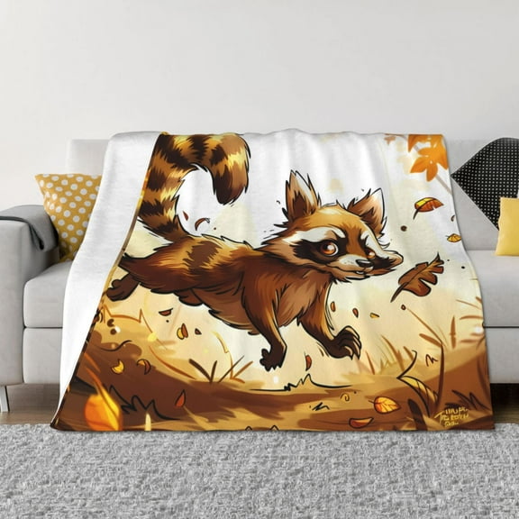 Goofa Autumn Raccoon In Forest Pattern Fleece Throw Blanket for Couch, Soft Checkered Flannel Blanket for Sofa, Warm Cozy Decorative Blanket Fall Decor Gift-
