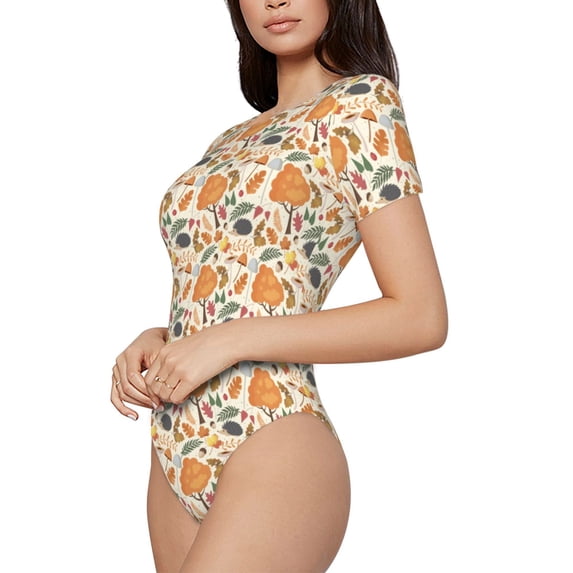 Goofa Autumn With Hedgehog Printed Women Rash Guard Short Sleeve,Tummy control Swimsuit Surfing Swimsuit Bathing Suit One Piece Swimsuit UPF 50-Small