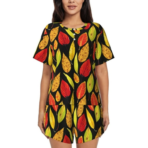 Goofa Autumn With Leaves for Womens Cotton 2 Piece Pajamas Set Classic Short Sleeve Pjs Set Soft Button Down Sleepwear Loungewear-4X-Large