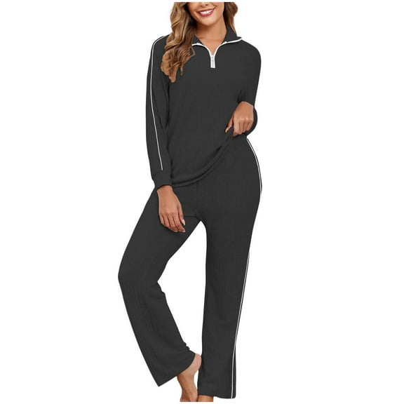 Women's 2 Pieces Loungewear Quarter Button Sleepshirt V Collar Pajama Long Sleeve Tops and Wide Leg Pants Fleece Homewear Fall Winter PJs Sets Cozy Clothing