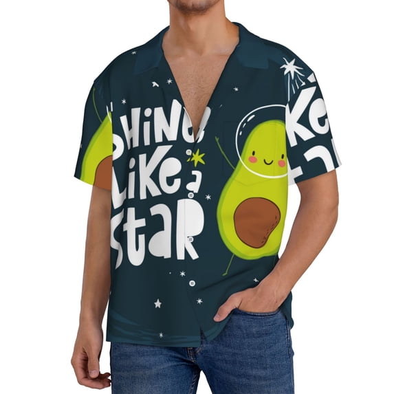 Goofa Avocado in Space1 Printed Men's Casual Short-sleeved Shirt,Lightweight Breathable Button-down,Summer Casual men's top,Versatile Fashion shirt-Large