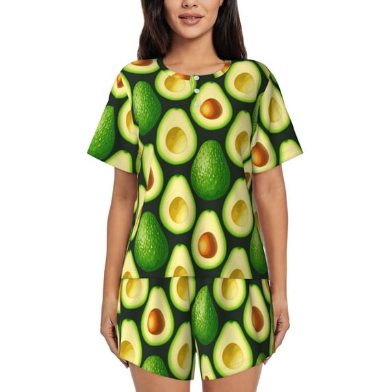 Goofa Avocado for Womens Cotton 2 Piece Pajamas Set Classic Short Sleeve Pjs Set Soft Button Down Sleepwear Loungewear-Large