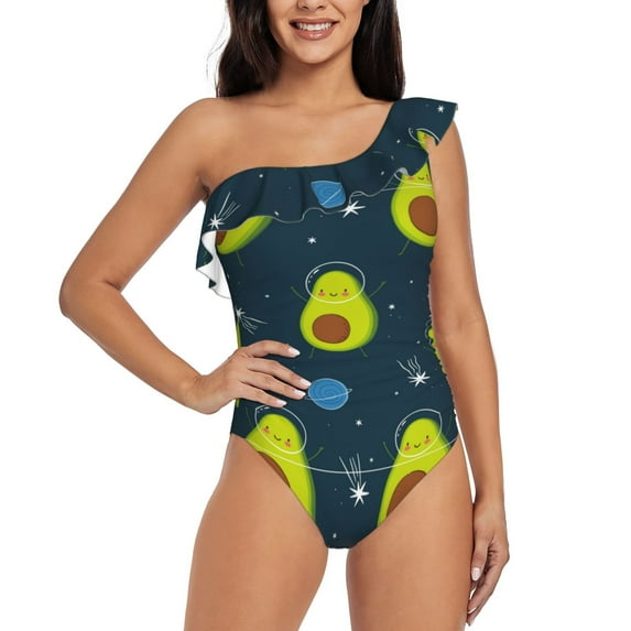 Goofa Avocado in Space Pattern Women's One Piece Swimsuits Tummy Control Bathing Suits Asymmetric One Shoulder Swimwear-Large