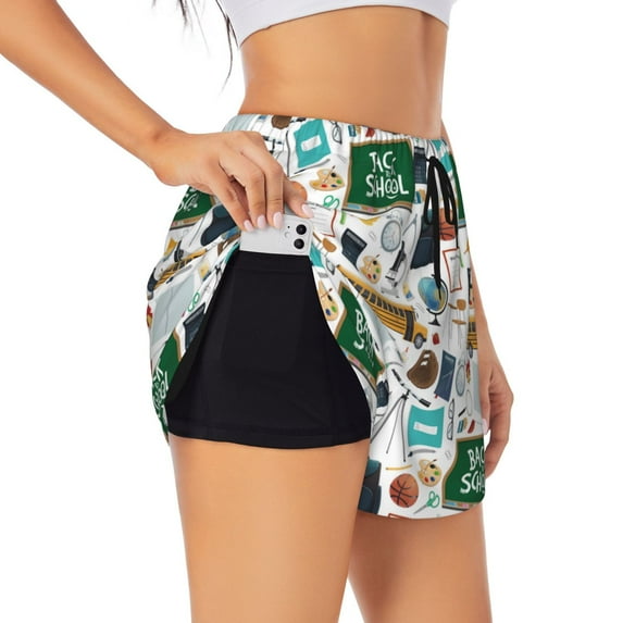 Goofa Back To School A Printed Women 2 in 1 Running Shorts,Quick Dry Athletic Workout Shorts,High Waisted Athletic Shorts with Liner Pockets-XX-Large