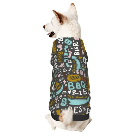 Goofa Barbeque Pattern Small Dog Sweater Hoodies Pet Grey Hooded Soft Fleece Sweatshirts with Pocket Fall Winter Puppy Cat Sweaters Warm Clothes-