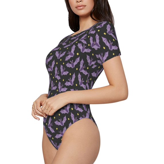 Goofa Bat Purple Printed Women Rash Guard Short Sleeve,Tummy control Swimsuit Surfing Swimsuit Bathing Suit One Piece Swimsuit UPF 50-X-Large