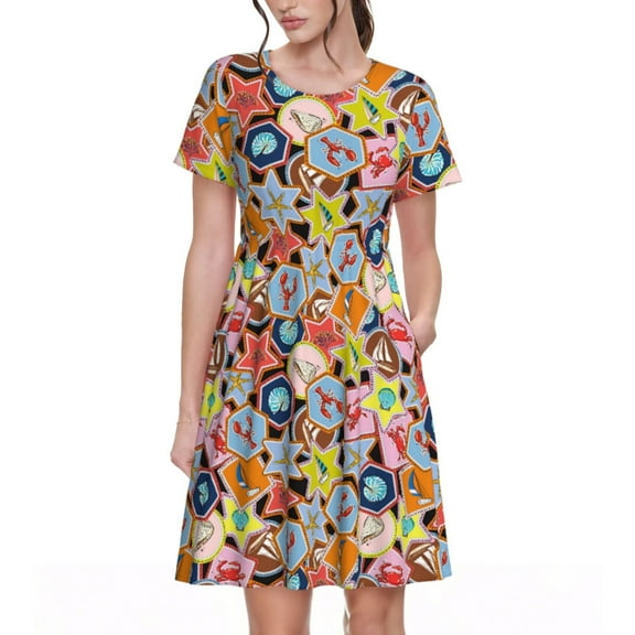 Goofa Beach Life Pattern Women Summer Short Sleeve Midi Dress with Pockets Casual Aline Flowy Tshirt Dress Vocation Beach Sundress