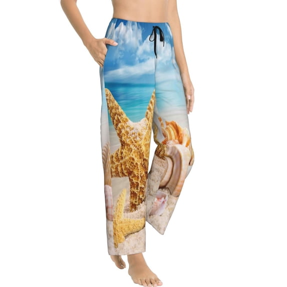 Goofa Beach Starfish Shell Printed Soft Pajama Pants for Women, Wide Leg Comfy Casual Lounge Yoga Pants-