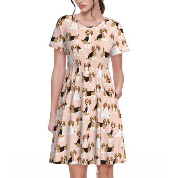 Goofa Beagle Dog On Brown Pattern Women Summer Short Sleeve Midi Dress with Pockets Casual Aline Flowy Tshirt Dress Vocation Beach Sundress