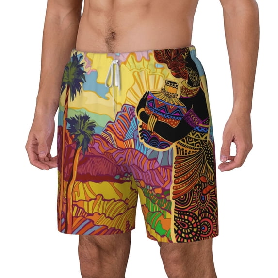 Goofa Beautiful African Woman Printed Men's Swim Trunks Board Shorts Quick Dry Mens Swimming Trunks with Compression Liner,Breathable Fit Hawaii Beach Shorts-Medium