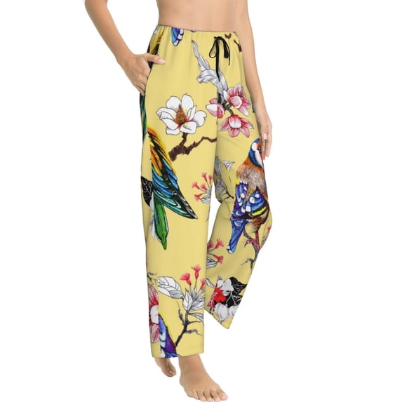 Goofa Beautiful Bright Birds And Flowers Printed Soft Pajama Pants for Women, Wide Leg Comfy Casual Lounge Yoga Pants-Large