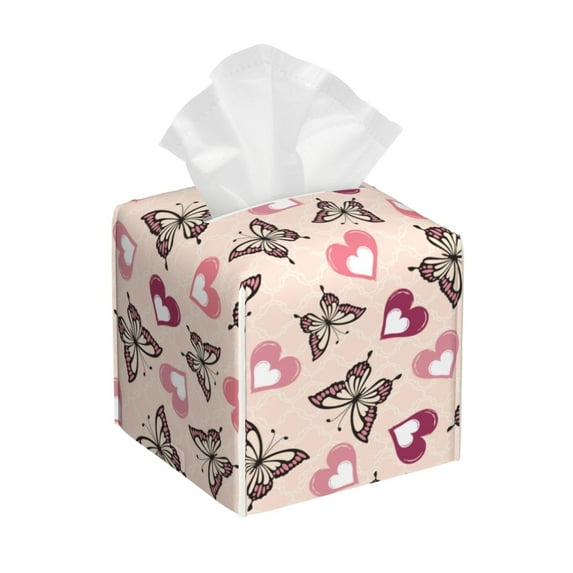 Goofa Beautiful Butterflies and Hearts Tissue Box Cover PVC Leather Tissue Holder Square Facial Tissue Case Facial Paper Organizer Dispenser for Bathroom, Vanity Countertop