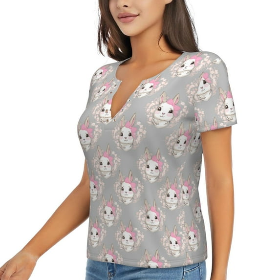 Goofa Beautiful Rabbit1 Pattern Womens Deep V Neck Low Cut Tops Casual Summer Short Sleeve Ribbed Knit T-Shirts-Small