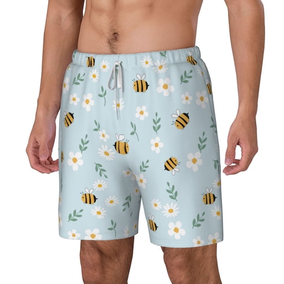 Goofa Bee Flower Printed Men's Swim Trunks Board Shorts Quick Dry Mens Swimming Trunks with Compression Liner,Breathable Fit Hawaii Beach Shorts-Small