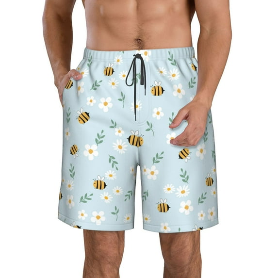 Goofa Bee Flower Printed Mens Swim Trunks Summer Quick Dry Short Beach Swimwear Bathing Suits-Small