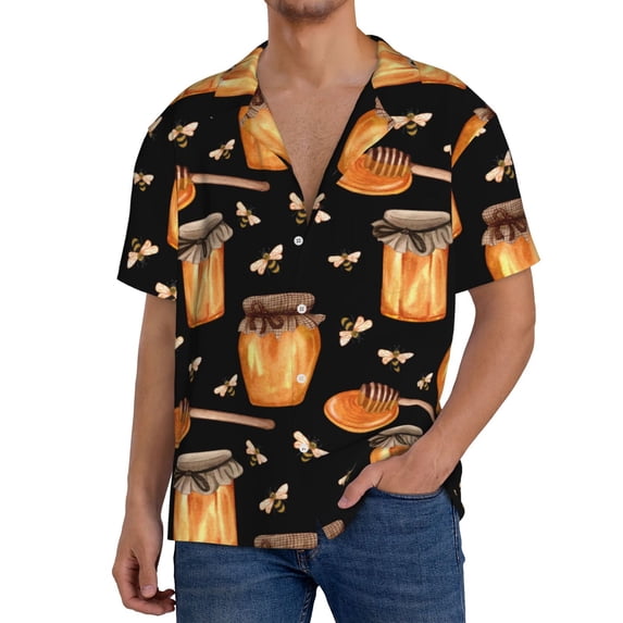Goofa Bee and Honey Printed Men's Casual Short-sleeved Shirt,Lightweight Breathable Button-down,Summer Casual men's top,Versatile Fashion shirt-Medium