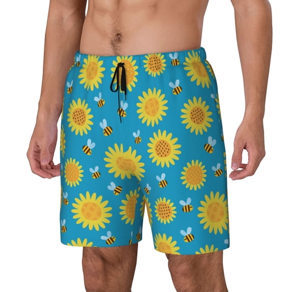 Goofa Bee Sunflower Printed Men's Swim Trunks Board Shorts Quick Dry Mens Swimming Trunks with Compression Liner,Breathable Fit Hawaii Beach Shorts-3X-Large