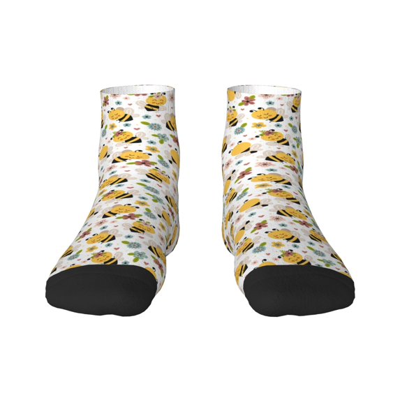 Goofa Bee and Flowers Pattern Non Slip Socks with Grips for Elderly, Crew Socks Yoga Hospital Socks Cushioned Sole Gripper Socks for Men Women
