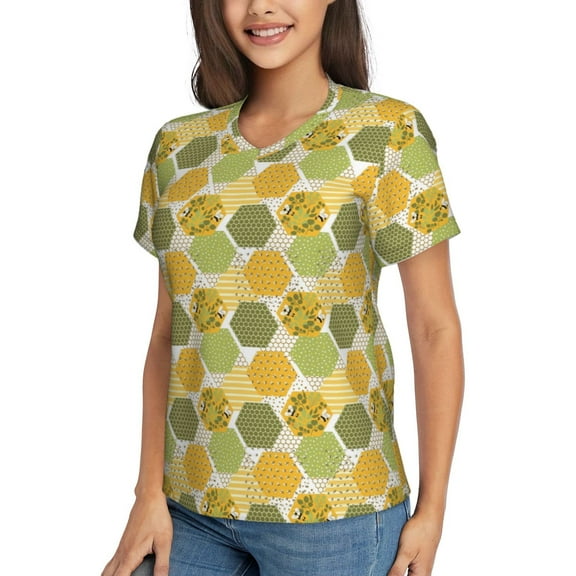 Goofa Bee honey Pattern Women's Slim-Fit Short-Sleeve V-Neck T-Shirt,Classic-Fit Short-Sleeve V-Neck T-Shirt-Medium